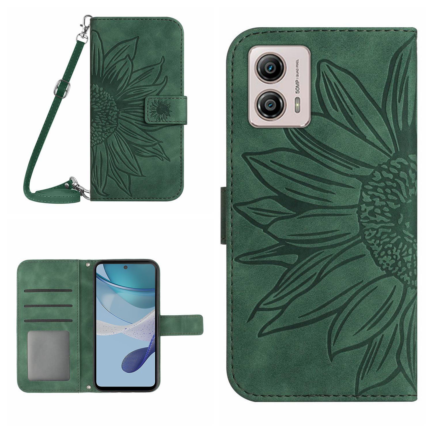 HT04 Stand Wallet Cover for Motorola Moto G53 5G Sunflower Imprinted PU Leather Case with Shoulder Strap HT04 Stand Wallet Cover for Motorola Moto G53 5G Sunflower Imprinted PU Leather Case with Shoulder Strap